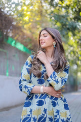 Women's Floral Printed Knee Length V Neck Kurta set (K199)-HFXMA-K199-BLUE