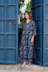 Floral Printed V Neck Rayon Kurta And Pant Set For Women (K201)-HFXMA-K201-BLUE