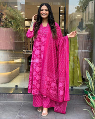 Floral Printed Calf Length V Neck Kurti And Palazzo Set With Printed Cotton Dupatta (K207)-HFXMA-K207-PINK