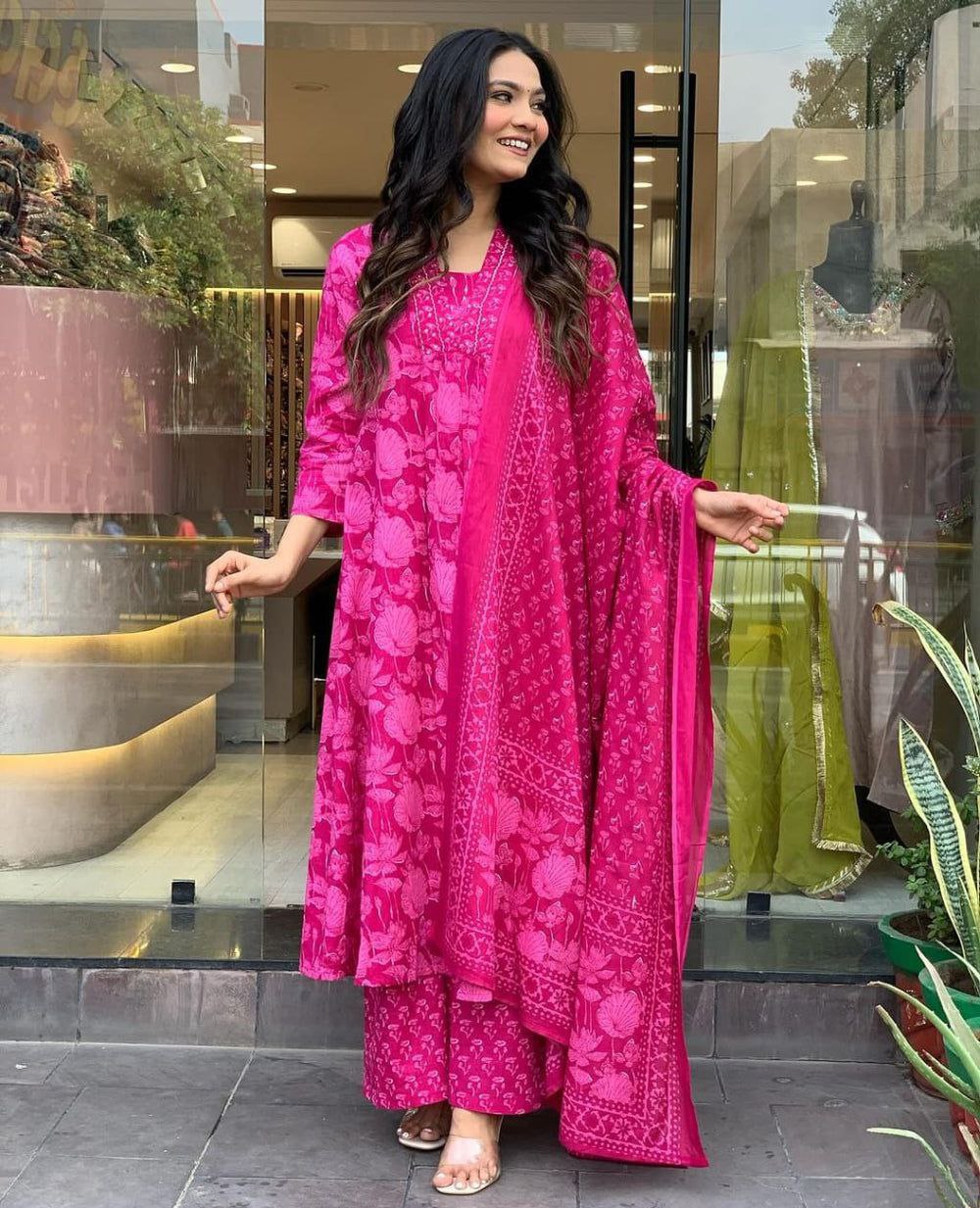 Floral Printed Calf Length V Neck Kurti And Palazzo Set With Printed Cotton Dupatta (K207)
