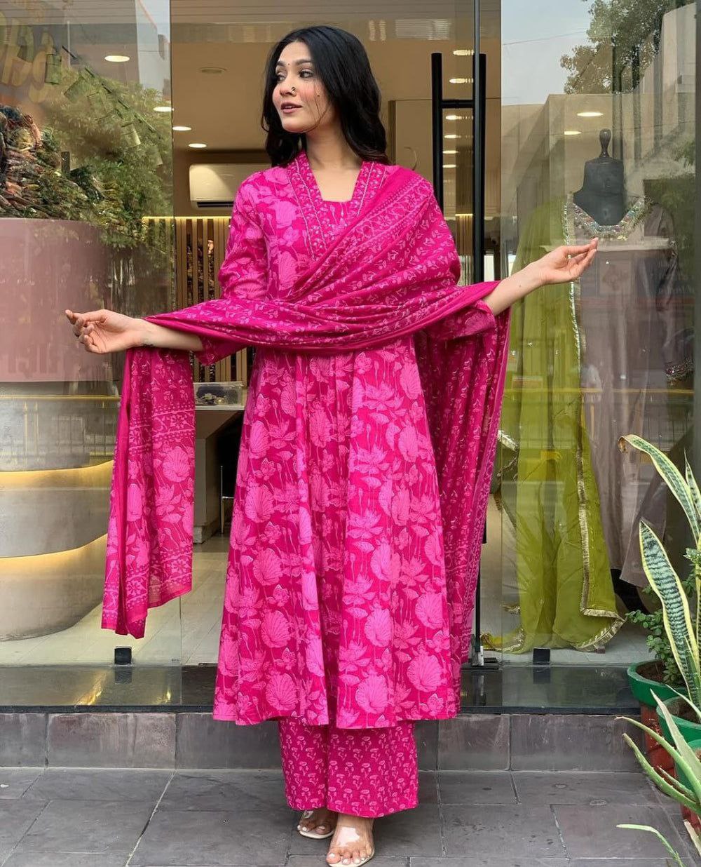 Floral Printed Calf Length V Neck Kurti And Palazzo Set With Printed Cotton Dupatta (K207)-HFXMA-K207-PINK