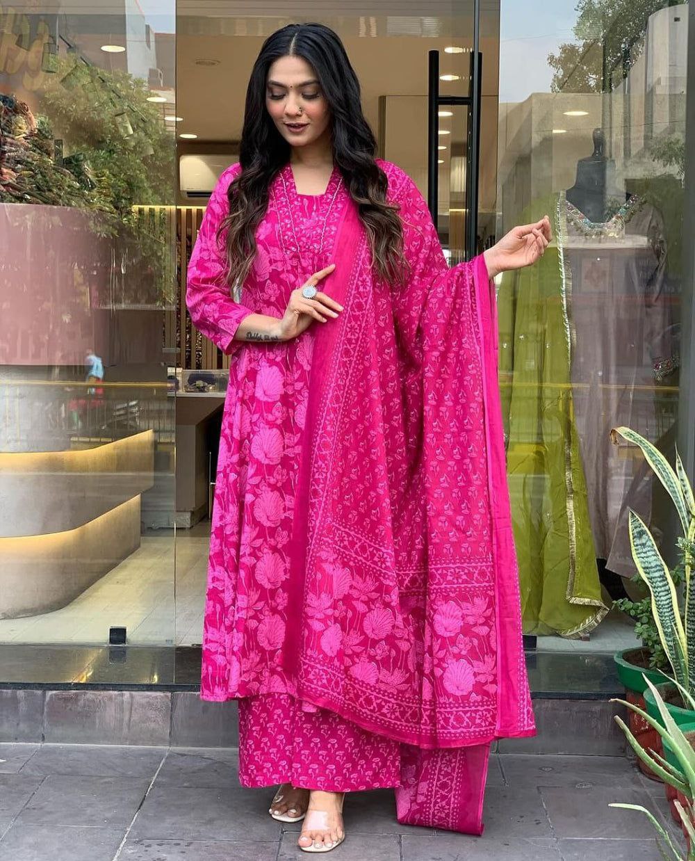 Floral Printed Calf Length V Neck Kurti And Palazzo Set With Printed Cotton Dupatta (K207)