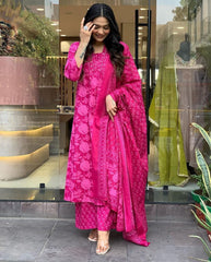 Floral Printed Calf Length V Neck Kurti And Palazzo Set With Printed Cotton Dupatta (K207)-HFXMA-K207-PINK