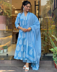Women's Floral Printed Calf Length Flared Kurti And Palazzo Set With Printed Dupatta (K208)-HFXMA-K208-BLUE