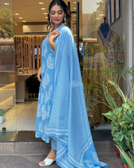 Women's Floral Printed Calf Length Flared Kurti And Palazzo Set With Printed Dupatta (K208)-HFXMA-K208-BLUE