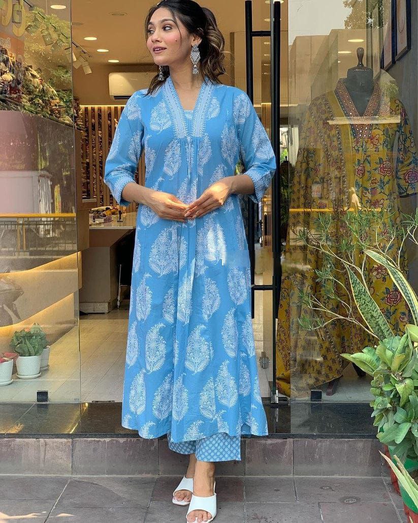 Women's Floral Printed Calf Length Flared Kurti And Palazzo Set With Printed Dupatta (K208)