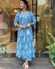 Women's Floral Printed Calf Length Flared Kurti And Palazzo Set With Printed Dupatta (K208)-HFXMA-K208-BLUE