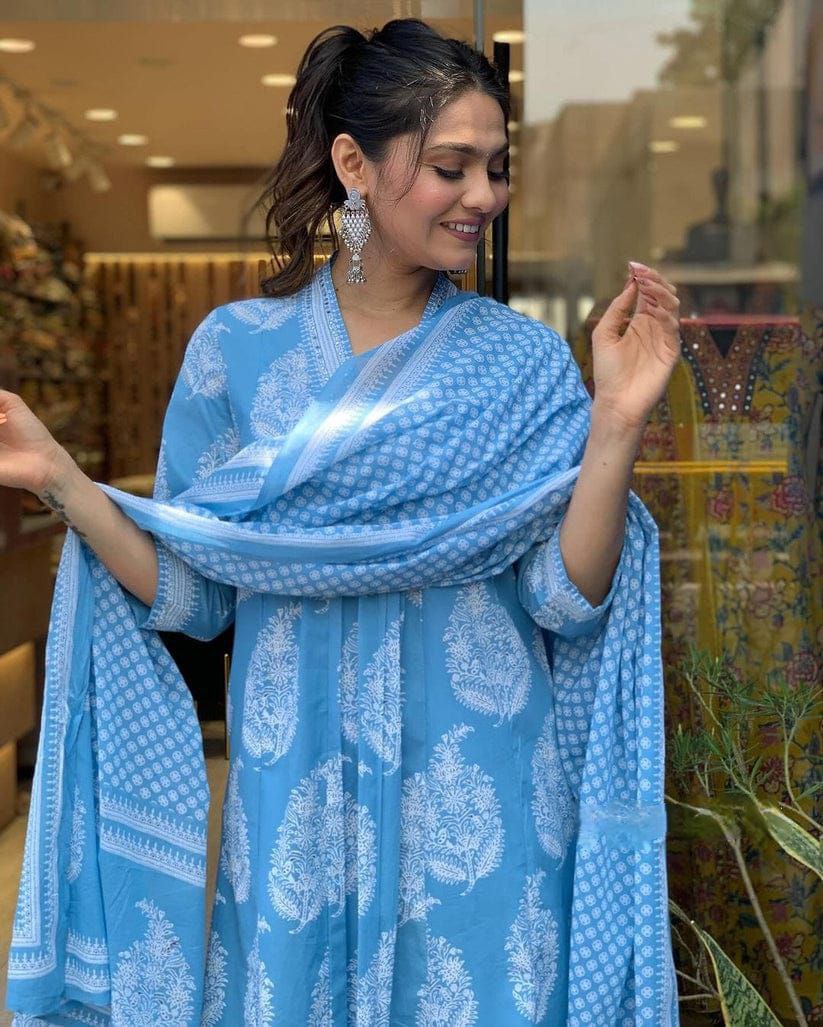 Women's Floral Printed Calf Length Flared Kurti And Palazzo Set With Printed Dupatta (K208)