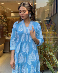 Women's Floral Printed Calf Length Flared Kurti And Palazzo Set With Printed Dupatta (K208)-HFXMA-K208-BLUE