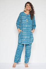 Women's Floral Printed Knee Length Rayon Co-ords Set-HFXMA-K218-BLUE
