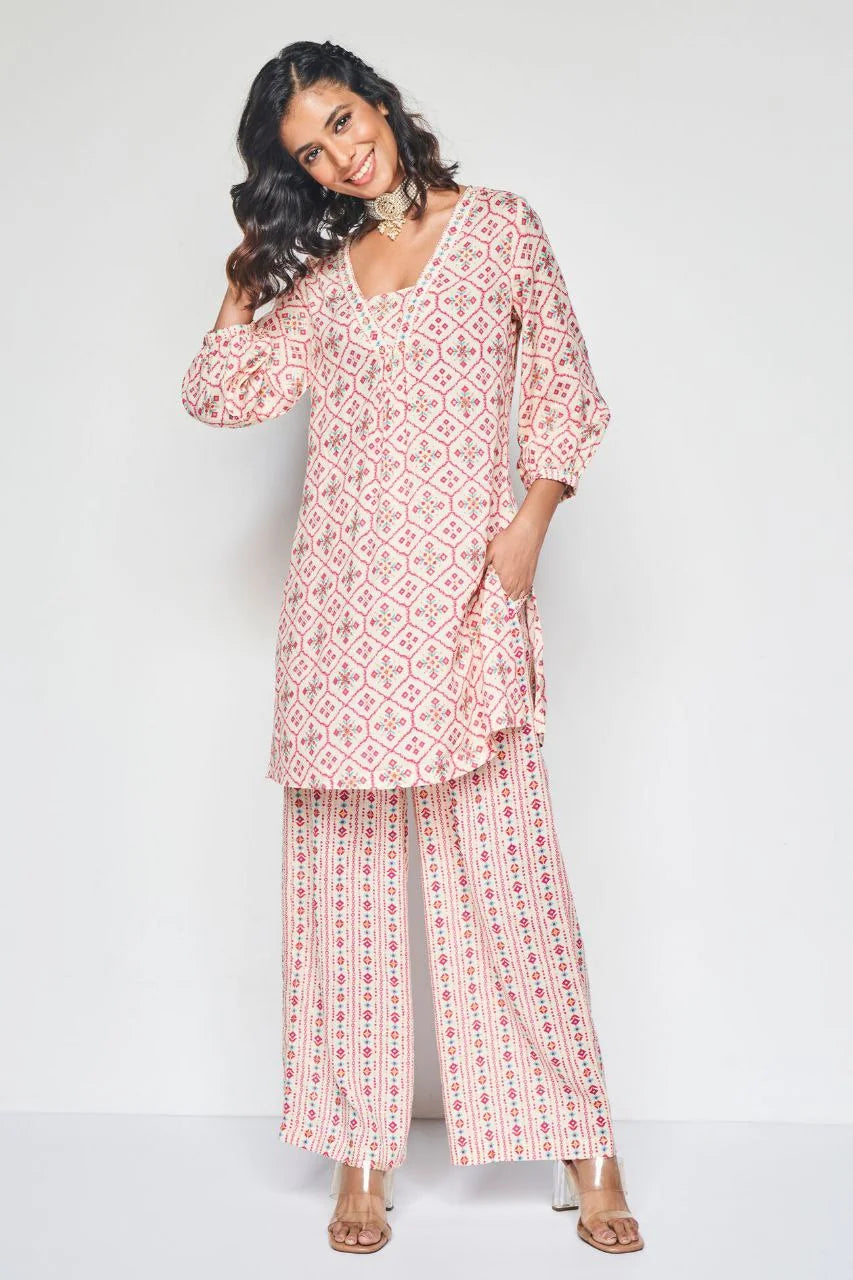 Floral Printed Knee Length V Neck Co-ords Set