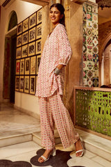 Floral Printed Knee Length V Neck Co-ords Set-HFXMA-K219-PEACH