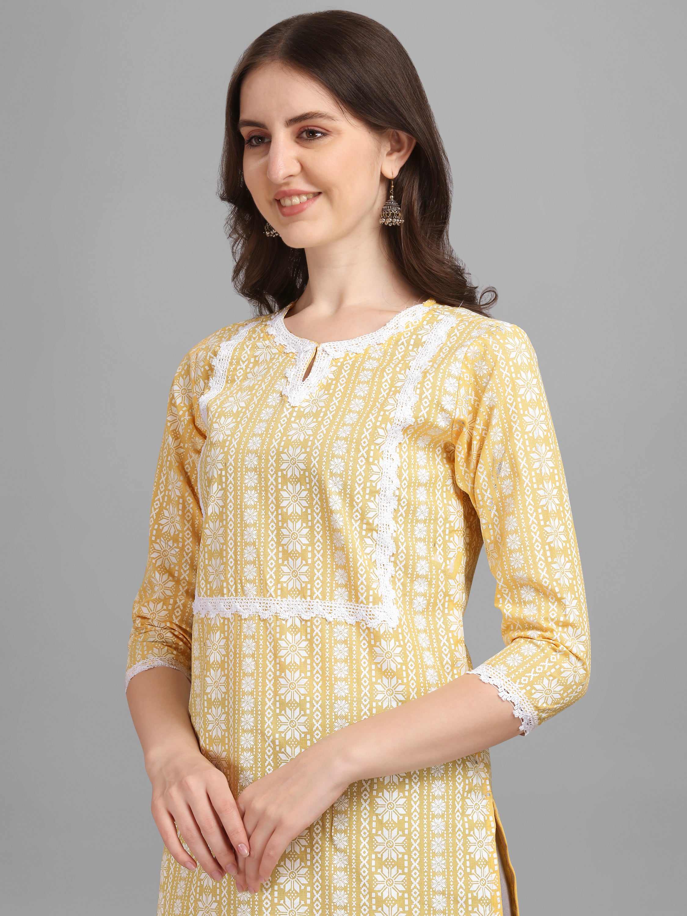 Women's Floral Printed Cotton Blend Key-hole Neck Yellow Kurti