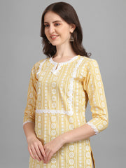 Women's Floral Printed Cotton Blend Key-hole Neck Yellow Kurti-HFXMA-K22-YELLOW