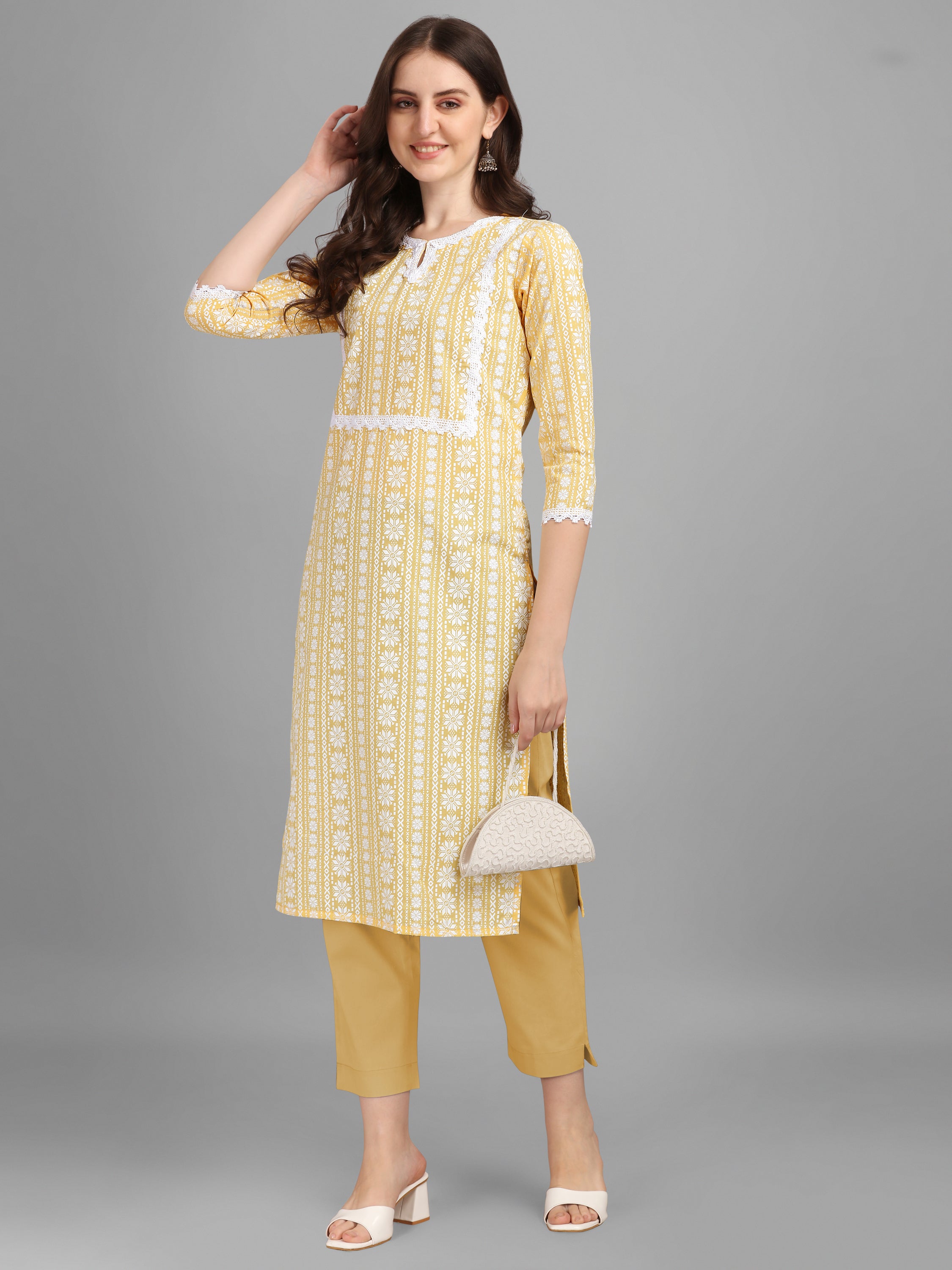 Women's Floral Printed Cotton Blend Key-hole Neck Yellow Kurti