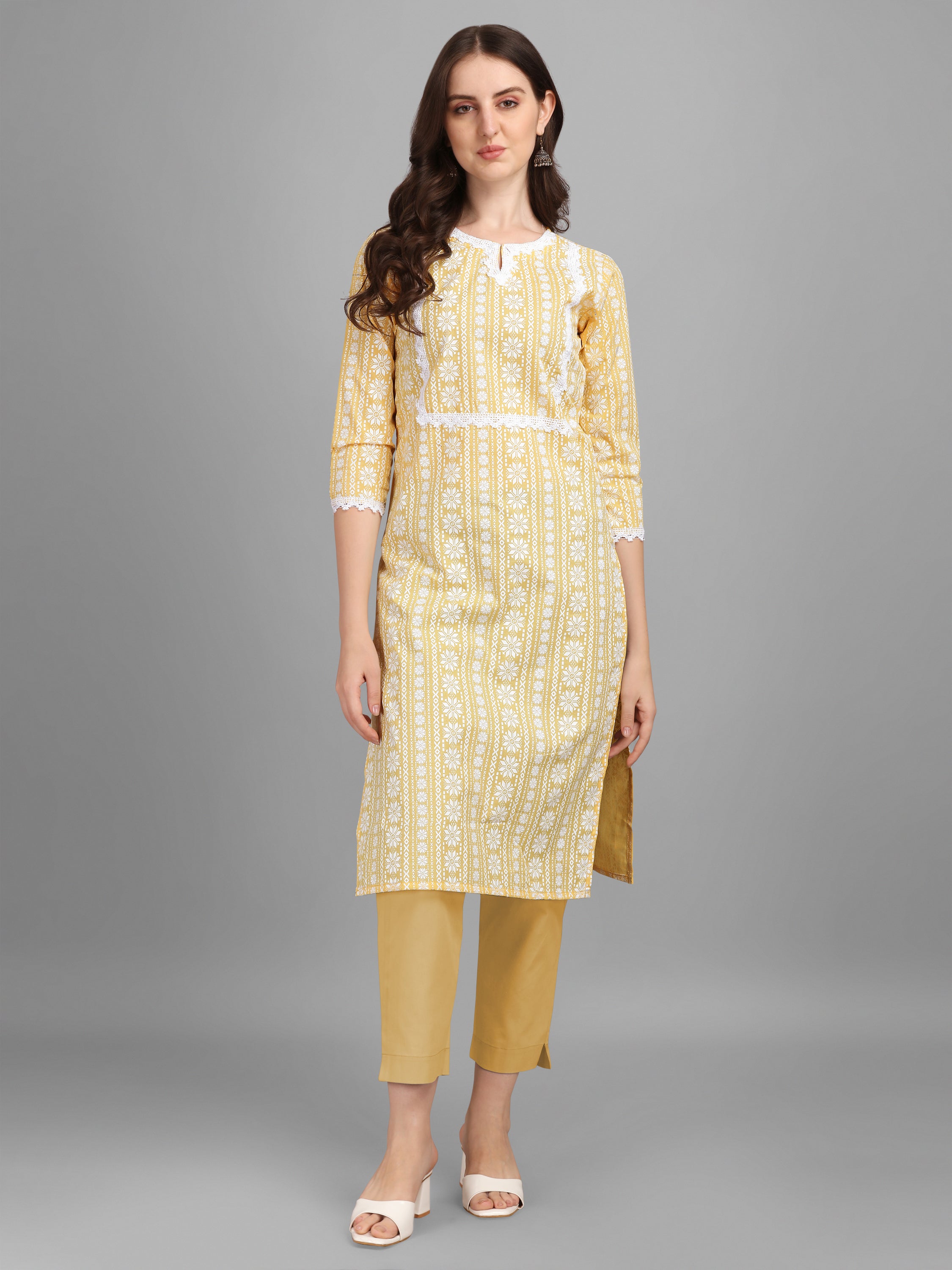 Women's Floral Printed Cotton Blend Key-hole Neck Yellow Kurti