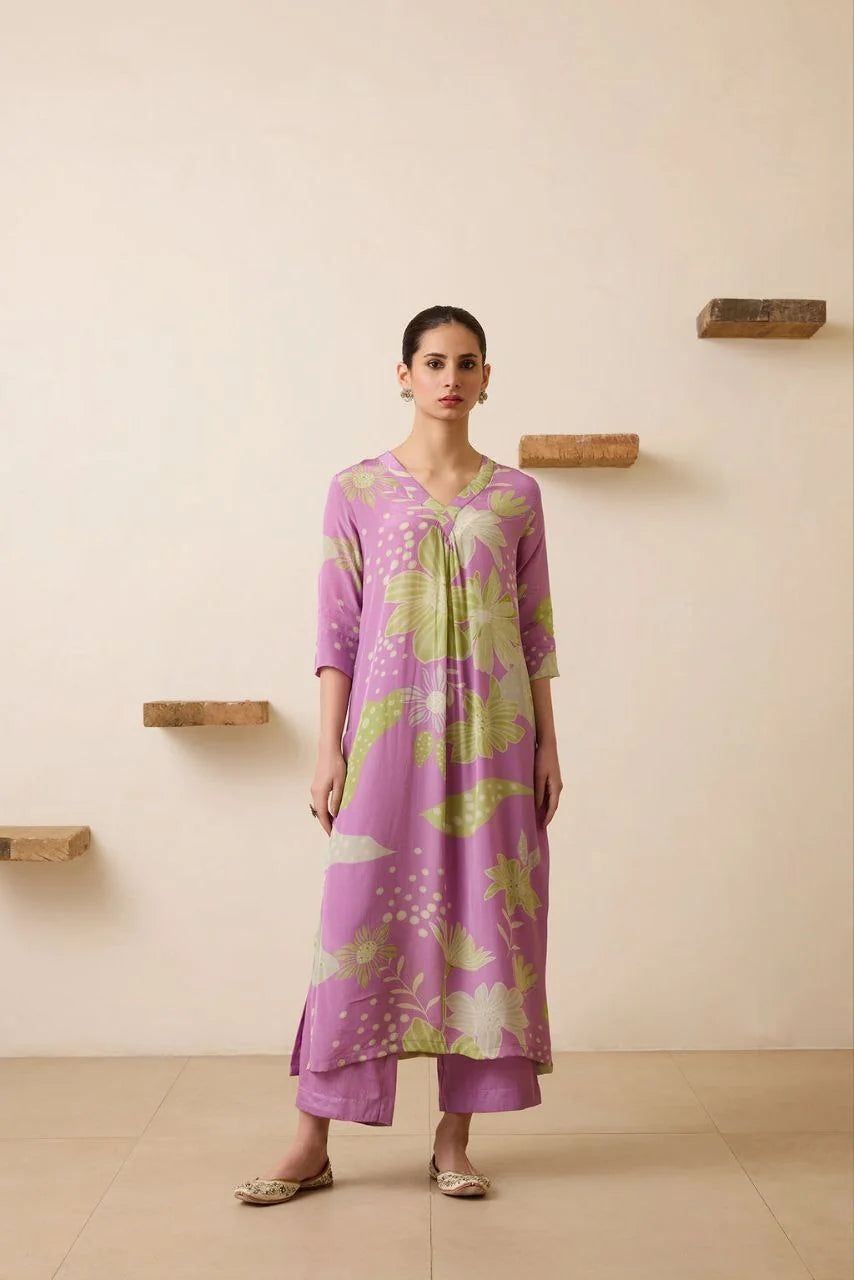 Women's Floral Printed Knee Length V Neck Kurta Set