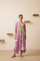 Women's Floral Printed Knee Length V Neck Kurta Set-HFXMA-K227-PURPLE