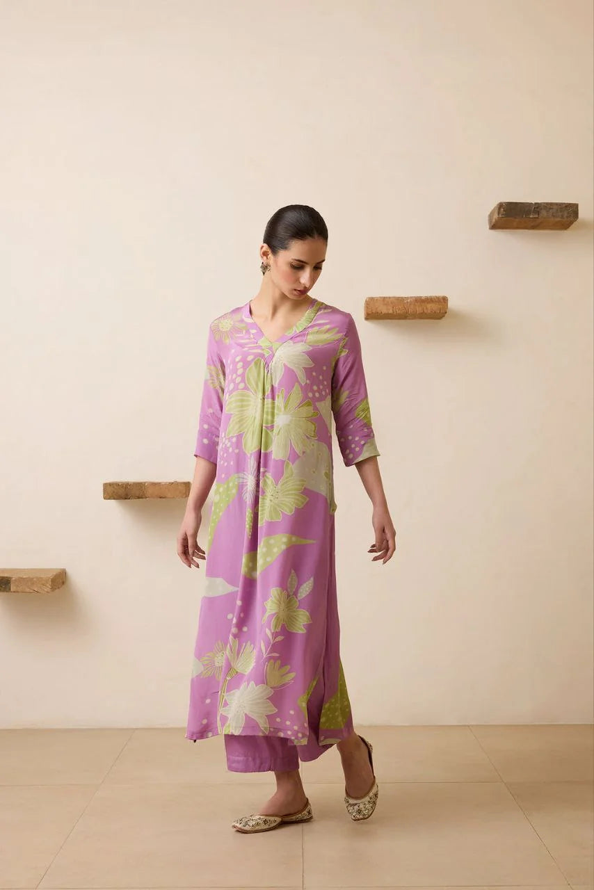 Women's Floral Printed Knee Length V Neck Kurta Set