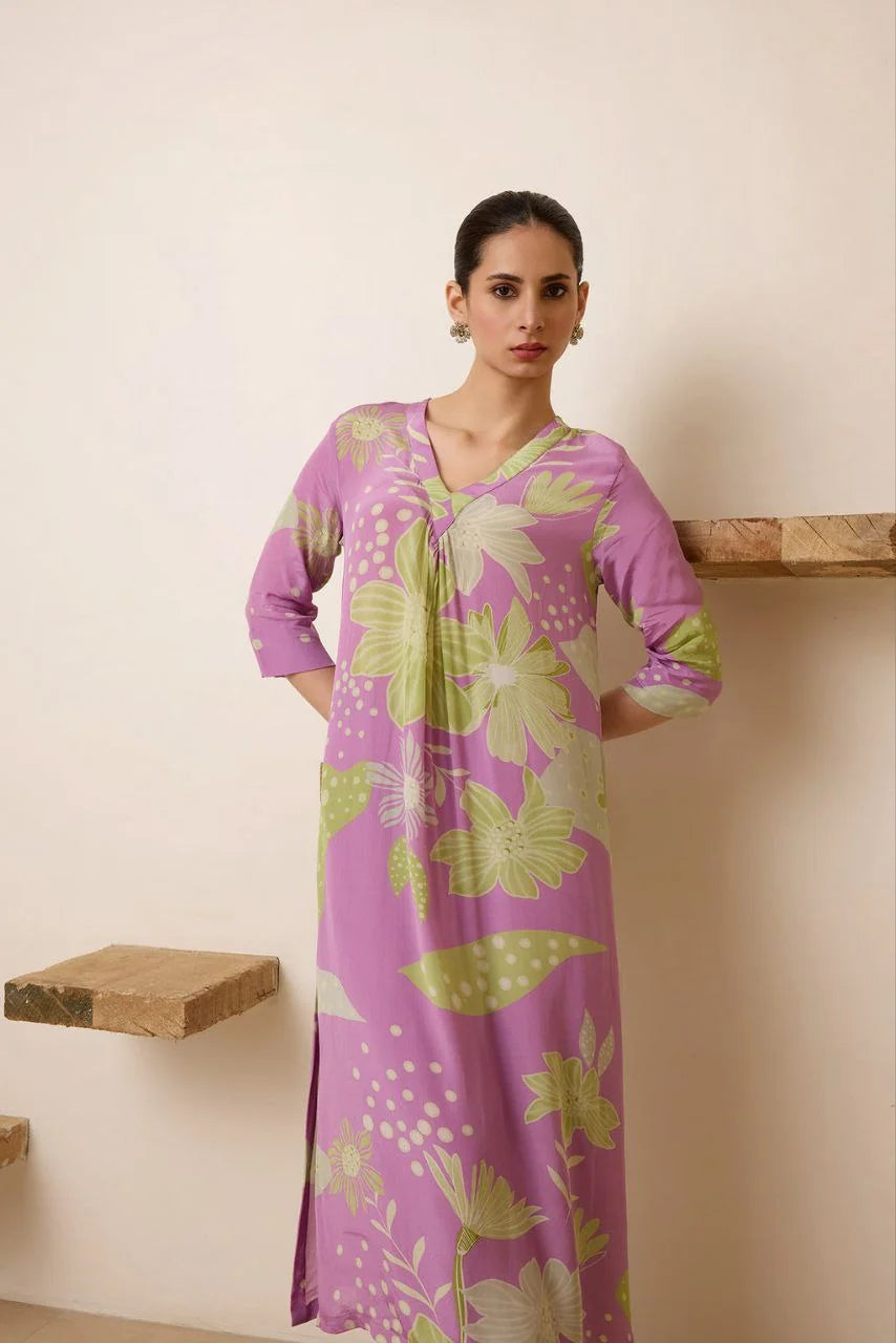 Women's Floral Printed Knee Length V Neck Kurta Set