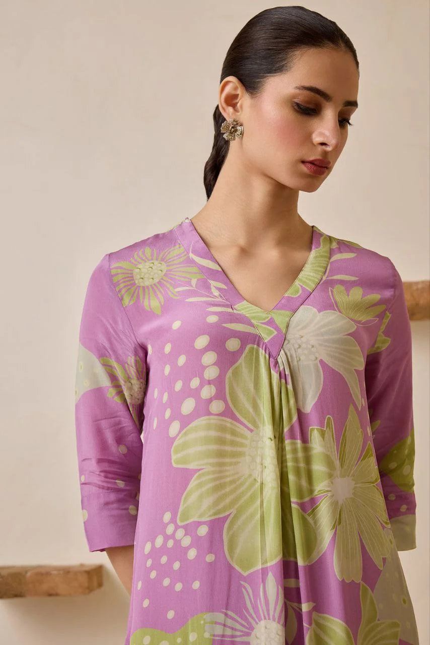 Women's Floral Printed Knee Length V Neck Kurta Set