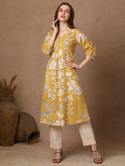 Women's Stylish Rayon Knee Length Floral Printed Kurti-HFXMA-K228-YELLOW