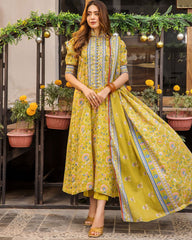 Women's Floral Printed V Neck Kurti And Pant Set With Printed Dupatta-HFXMA-K242-YELLOW