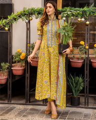 Women's Floral Printed V Neck Kurti And Pant Set With Printed Dupatta-HFXMA-K242-YELLOW