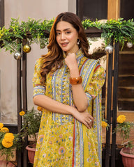 Women's Floral Printed V Neck Kurti And Pant Set With Printed Dupatta-HFXMA-K242-YELLOW