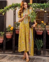 Women's Floral Printed V Neck Kurti And Pant Set With Printed Dupatta-HFXMA-K242-YELLOW