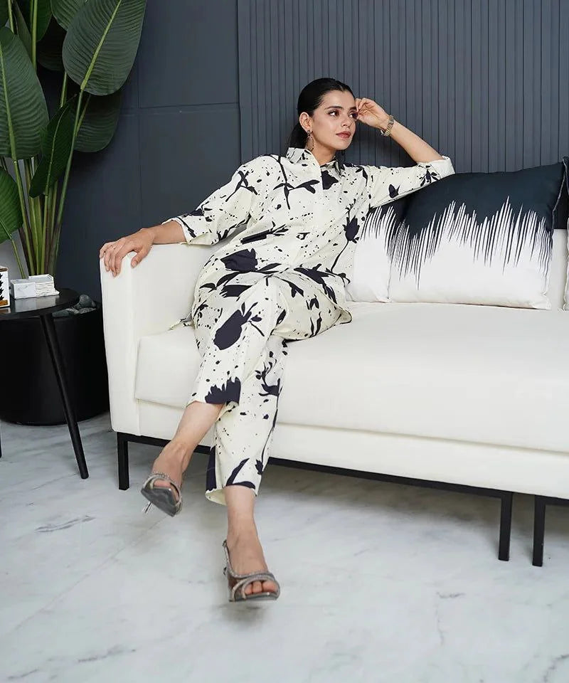 Women's Floral Printed Knee Length Cuffed Sleeves Co-ords Set