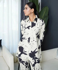 Women's Floral Printed Knee Length Cuffed Sleeves Co-ords Set-HFXMA-K252-BLACK