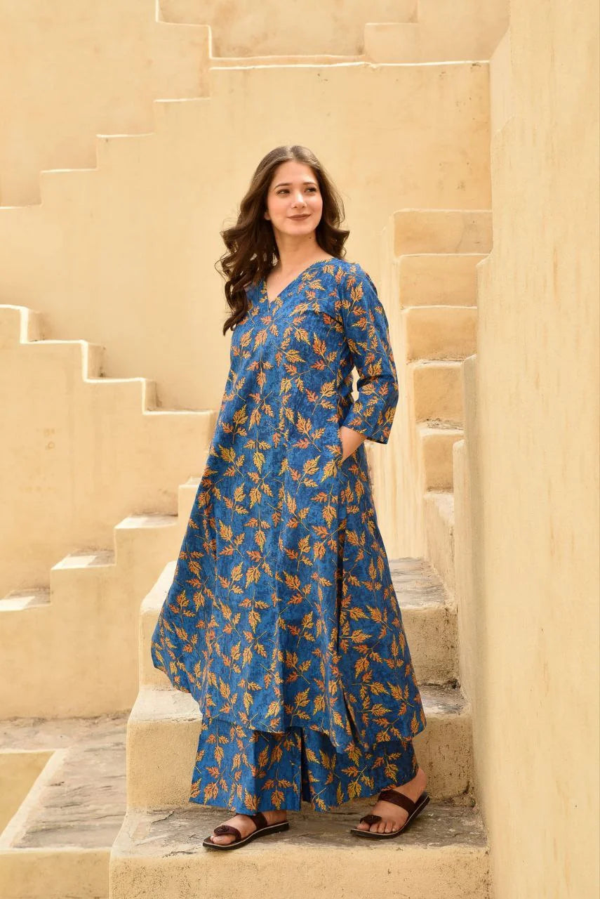 Floral Printed Knee Lengthn v Neck Rayon Co-ords Set (K257)