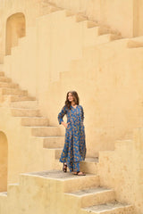 Floral Printed Knee Lengthn v Neck Rayon Co-ords Set (K257)-HFXMA-K257-BLUE