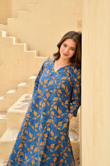 Floral Printed Knee Lengthn v Neck Rayon Co-ords Set (K257)-HFXMA-K257-BLUE