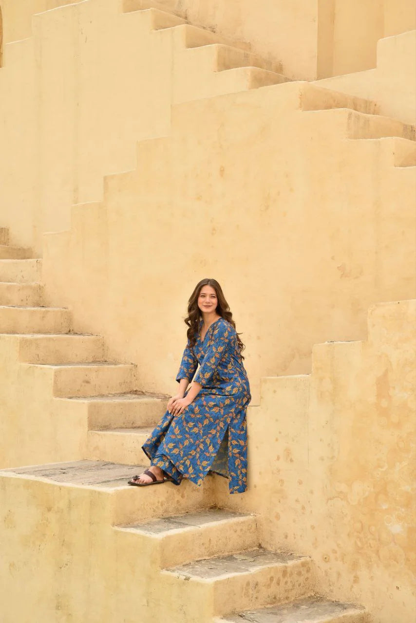 Floral Printed Knee Lengthn v Neck Rayon Co-ords Set (K257)