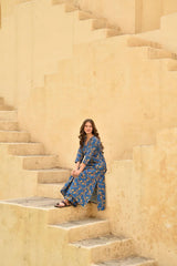 Floral Printed Knee Lengthn v Neck Rayon Co-ords Set (K257)-HFXMA-K257-BLUE