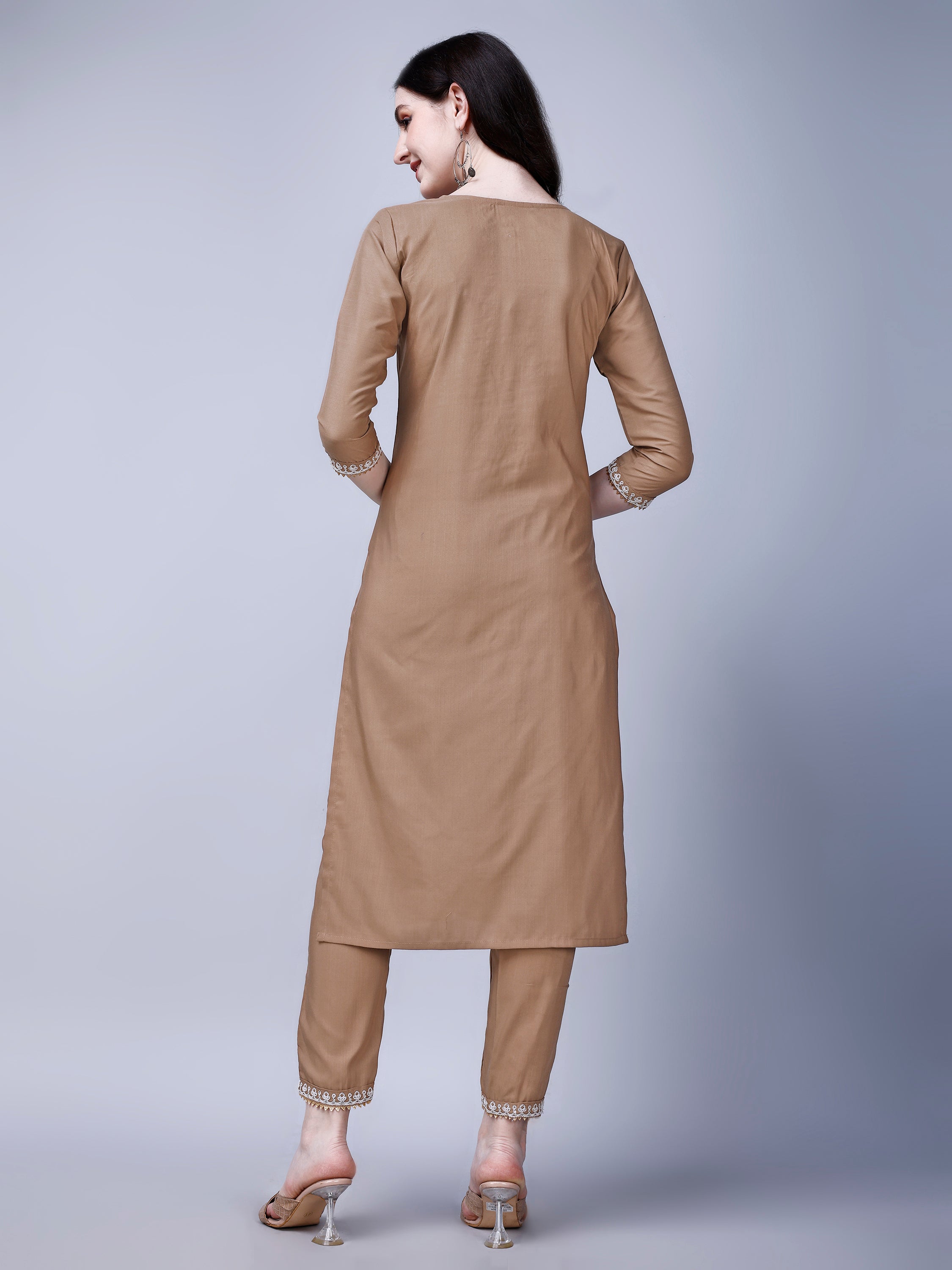 Women's Silk Blend Embroidered Kurti And Pant Set (Brown)