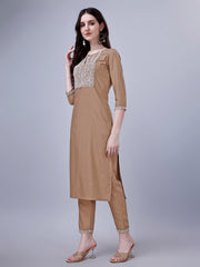 Women's Silk Blend Embroidered Kurti And Pant Set (Brown)-HFXMA-K26-BRONW