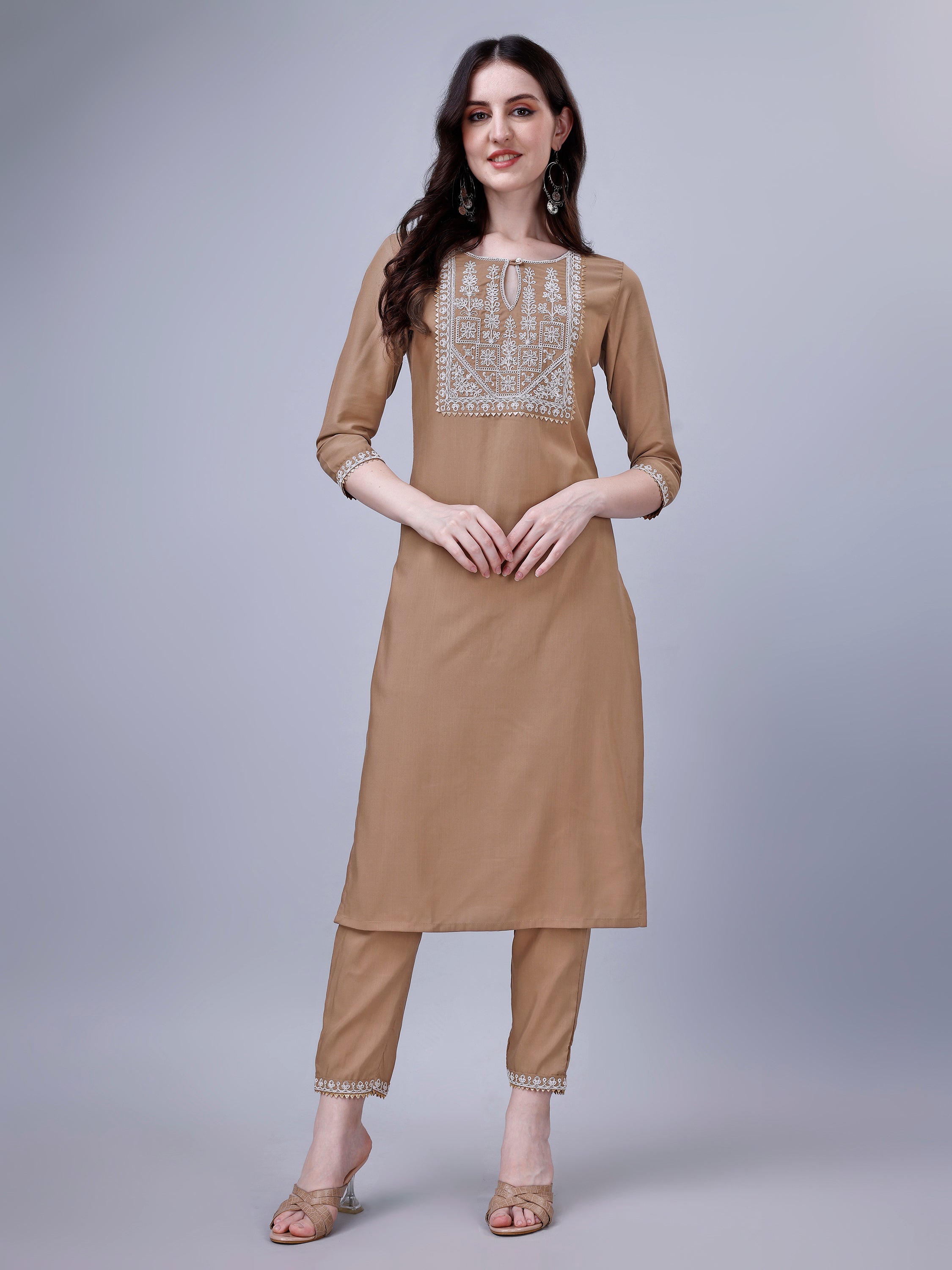 Women's Silk Blend Embroidered Kurti And Pant Set (Brown)