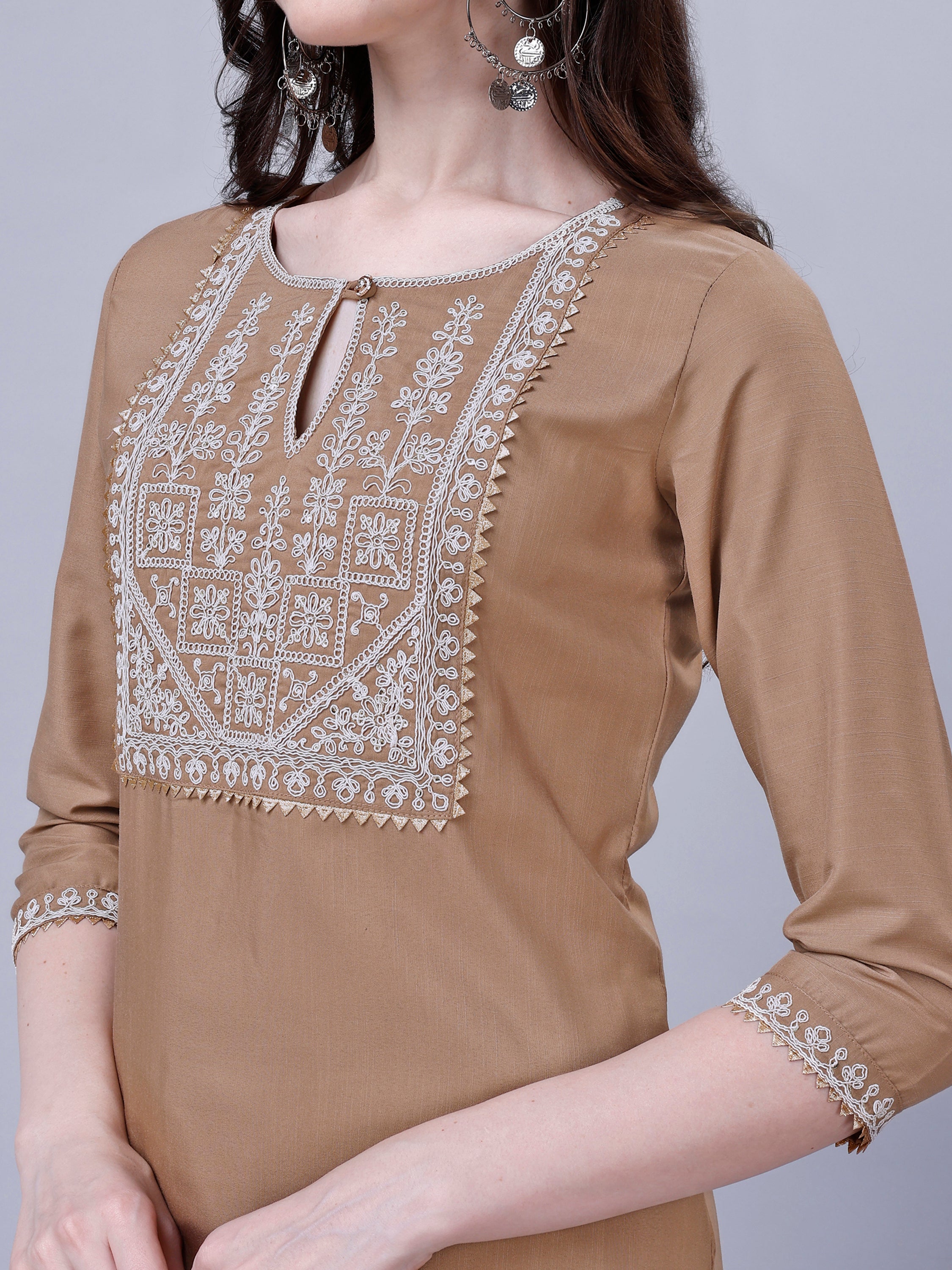 Women's Silk Blend Embroidered Kurti And Pant Set (Brown)