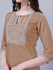 Women's Silk Blend Embroidered Kurti And Pant Set (Brown)-HFXMA-K26-BRONW