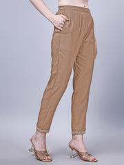 Women's Silk Blend Embroidered Kurti And Pant Set (Brown)-HFXMA-K26-BRONW