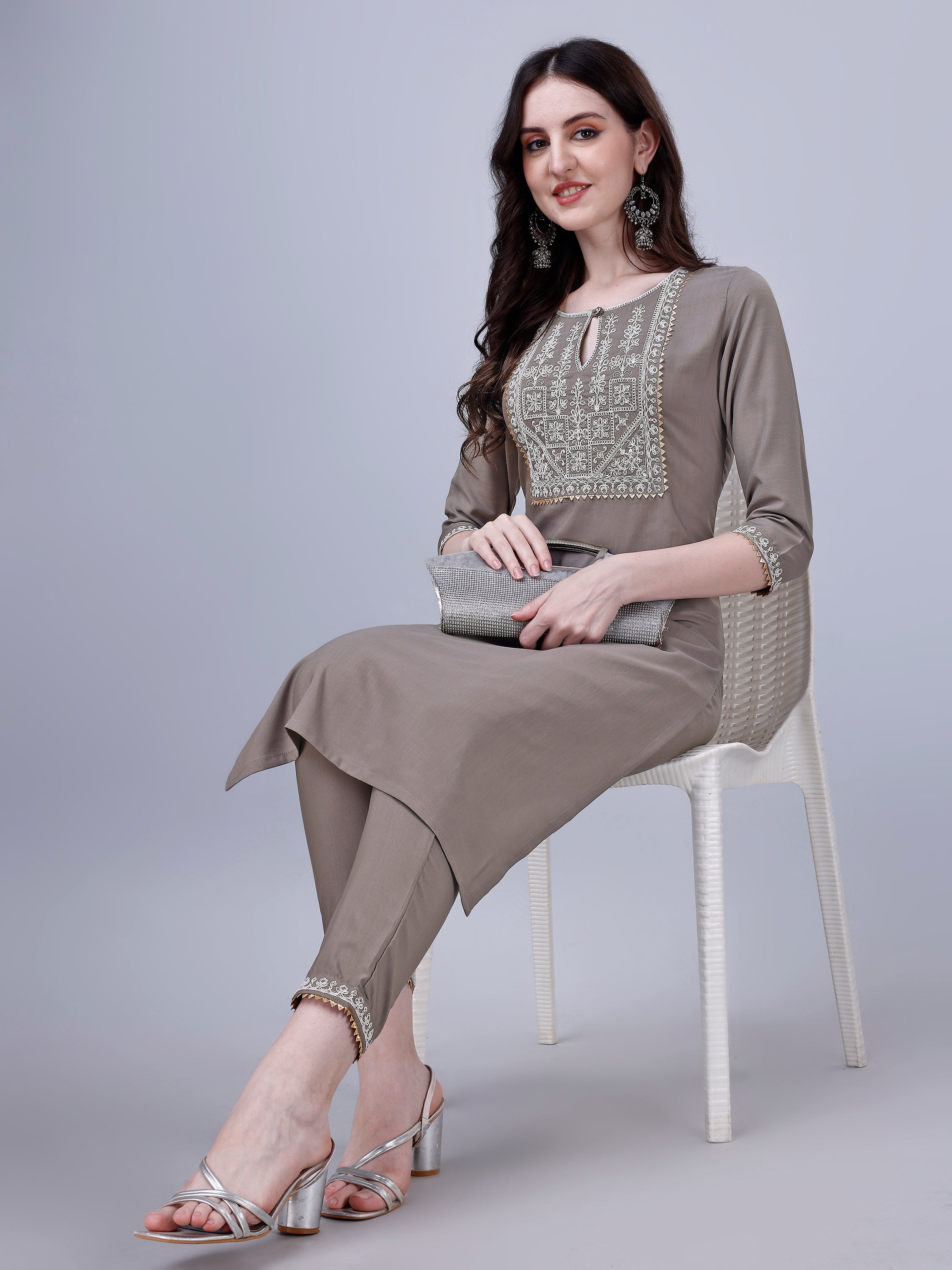 Women's Silk Blend Embroidered Kurti And Pant Set (Grey)