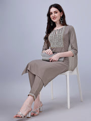 Women's Silk Blend Embroidered Kurti And Pant Set (Grey)-HFXMA-K26-GREY