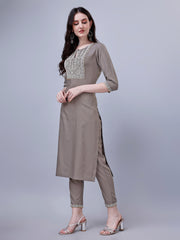 Women's Silk Blend Embroidered Kurti And Pant Set (Grey)-HFXMA-K26-GREY