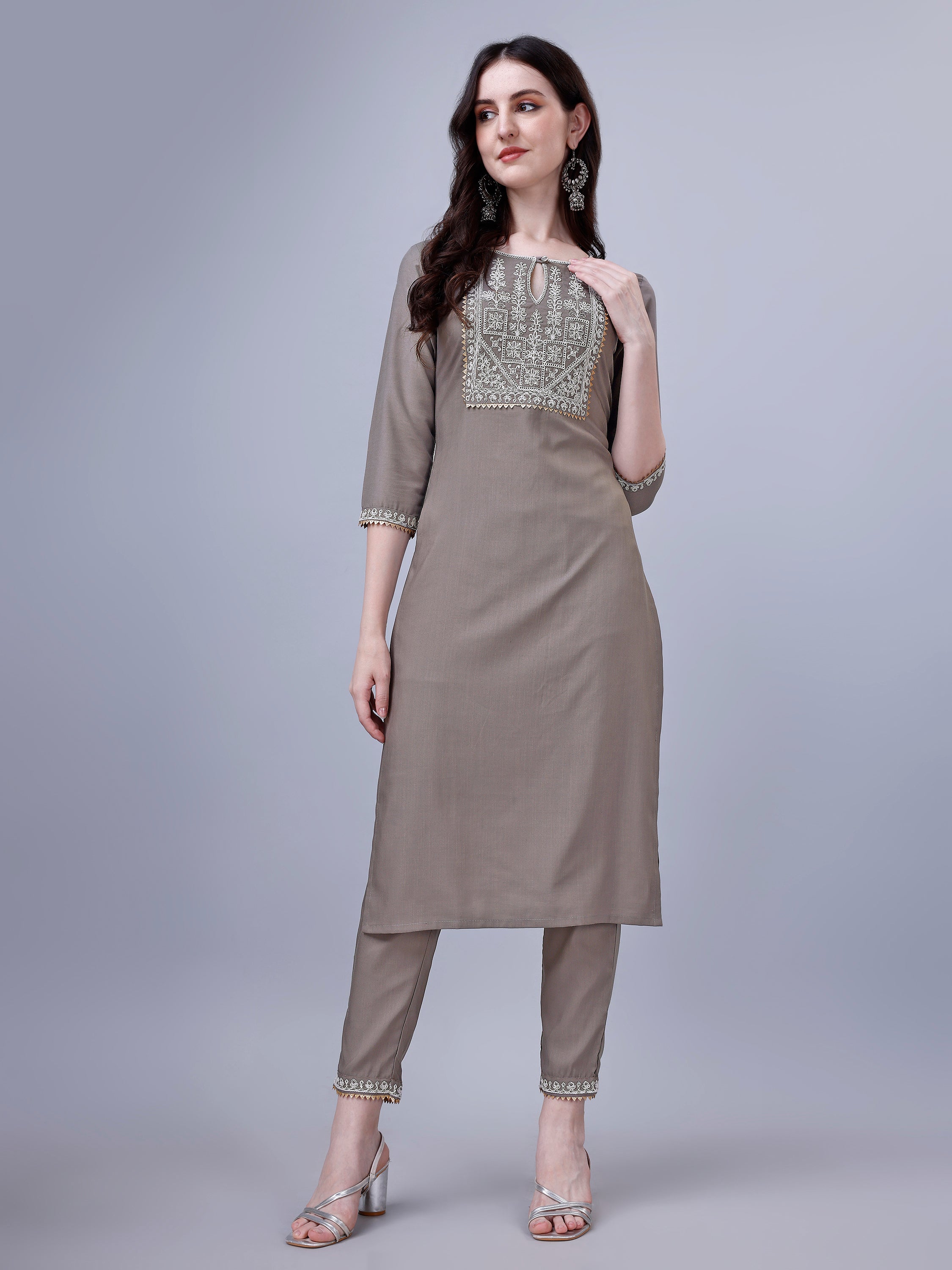Women's Silk Blend Embroidered Kurti And Pant Set (Grey)