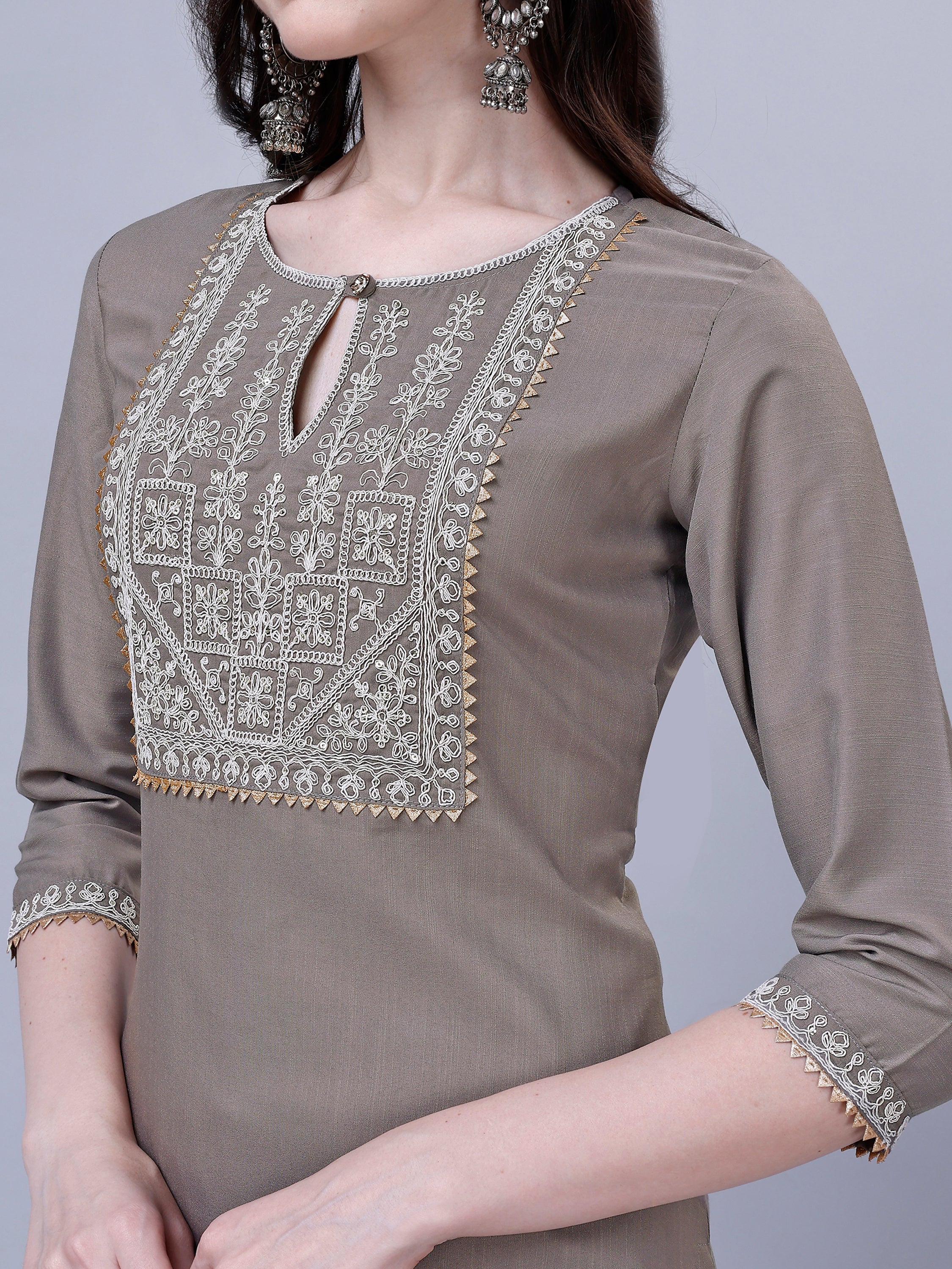 Women's Silk Blend Embroidered Kurti And Pant Set (Grey)