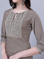 Women's Silk Blend Embroidered Kurti And Pant Set (Grey)-HFXMA-K26-GREY