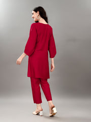 Women's V Neck Knee Length 3/4 Sleeves Solid Rayon Co-ords Set (Rani)-HFXMA-K91-RANI